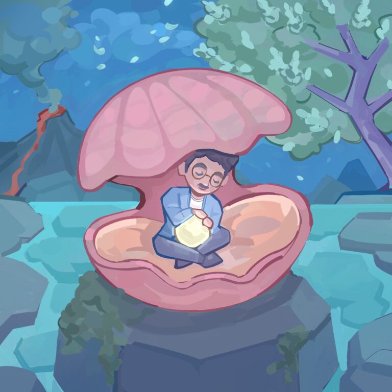 Whimsical digital illustration of a person sitting inside a giant open seashell, holding a glowing pearl in their lap. The figure wears glasses and a blue jacket, looking down at the pearl with a calm expression. The shell rests on a stone platform surrounded by water. In the background, a volcano smokes on the left and a leafy tree rises on the right beneath a starry blue sky. The pastel color palette creates a dreamy, storybook atmosphere.