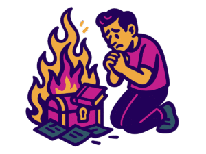 Vector-style cartoon illustration of a man kneeling with clasped hands, looking sad as a treasure chest and money burn in flames. The man is outlined in thick black lines with varied width. The design uses only five bold colors—magenta, purple, orange, teal, and dark green—without gradients. Style resembles clean street art or sticker design on a transparent background.