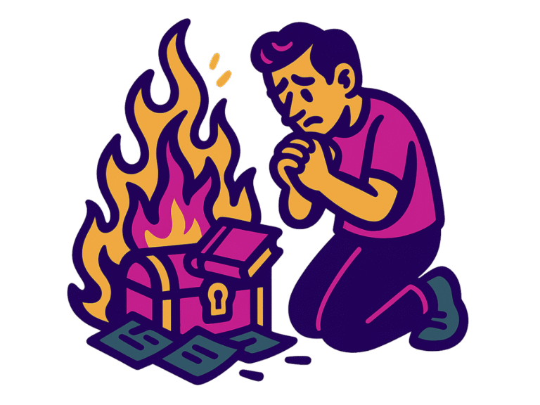 Vector-style cartoon illustration of a man kneeling with clasped hands, looking sad as a treasure chest and money burn in flames. The man is outlined in thick black lines with varied width. The design uses only five bold colors—magenta, purple, orange, teal, and dark green—without gradients. Style resembles clean street art or sticker design on a transparent background.
