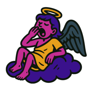 Vector-style cartoon illustration of a tired angel with purple hair, magenta skin, and dark teal wings. The angel wears a yellow robe, has a golden halo, and is sitting on a purple cloud while yawning and covering their mouth. Outlined in thick black lines with varied width, the design uses bold flat colors in a playful sticker-like style on a transparent background.