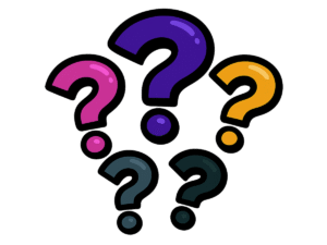 Vector-style cartoon illustration of five large question marks in bold colors—pink, purple, yellow, and two shades of dark teal. Each mark has a glossy highlight and is outlined in thick black lines with varied width. Arranged in a clustered, dynamic formation on a transparent background.