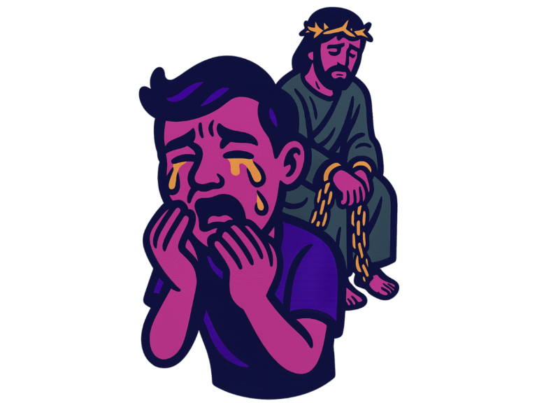 Vector-style cartoon illustration of a man in the foreground crying with tears streaming down his face, clutching his cheeks in anguish. Behind him sits Jesus in a green robe, wearing a crown of thorns, with hands bound by golden chains. Both figures are outlined in thick black lines with bold magenta, purple, gold, and green tones, rendered in a clean sticker-like style on a transparent background.