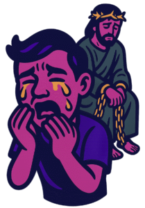 Vector-style cartoon illustration of a man in the foreground crying with tears streaming down his face, clutching his cheeks in anguish. Behind him sits Jesus in a green robe, wearing a crown of thorns, with hands bound by golden chains. Both figures are outlined in thick black lines with bold magenta, purple, gold, and green tones, rendered in a clean sticker-like style on a transparent background.