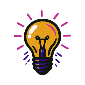 Vector-style cartoon illustration of a glowing yellow-orange light bulb with a dark purple base and teal filament. Magenta and purple rays radiate outward, emphasizing brightness. Outlined in thick black lines with bold flat colors, the design has a clean, sticker-like style on a transparent background.