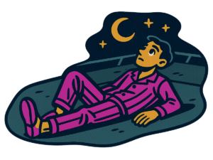Vector-style cartoon illustration of a man in pink pajamas lying on his back on the ground of an empty retention pond, gazing up at the night sky. A yellow crescent moon and three stars shine above him. Outlined in thick black lines with bold flat colors, the design has a clean, sticker-like style on a transparent background.