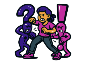 Vector-style cartoon illustration of a young woman in a fighting stance, facing off against two anthropomorphic punctuation marks. On her left, a dark purple question mark with arms and legs looks aggressive. On her right, a magenta exclamation mark appears equally hostile. The woman looks determined, ready to strike, standing between the two symbols of conflict. Bold flat colors, thick black outlines, and a clean sticker-like style on a transparent background.