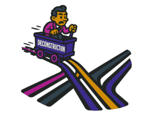 Vector-style cartoon illustration of a worried man riding in a purple minecart labeled 'DECONSTRUCTION.' The cart speeds down colorful train tracks that split into multiple paths—magenta, teal, yellow, and purple—symbolizing diverging directions. Outlined in thick black lines with bold flat colors, the design has a clean, sticker-like style on a transparent background.