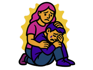 Vector-style cartoon illustration of a woman comforting a crying man. The man sits on the ground with his face buried in one hand, tears falling, while the woman kneels behind him with a sorrowful expression, resting one hand on his head and the other on his shoulder. A jagged yellow aura surrounds them, symbolizing emotional intensity. Bold flat colors with thick black outlines give it a clean, sticker-like style on a transparent background.