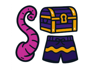Vector-style cartoon illustration featuring three separate objects: a curled pink elephant trunk on the left, a purple and yellow treasure chest with a keyhole at the top right, and a pair of purple shorts with a yellow stripe and bow at the bottom right. All outlined in thick black lines with bold flat colors, designed in a playful sticker-like style on a transparent background.
