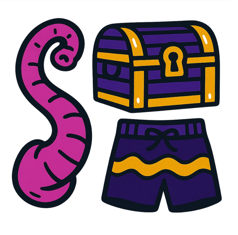 Vector-style cartoon illustration featuring three separate objects: a curled pink elephant trunk on the left, a purple and yellow treasure chest with a keyhole at the top right, and a pair of purple shorts with a yellow stripe and bow at the bottom right. All outlined in thick black lines with bold flat colors, designed in a playful sticker-like style on a transparent background.