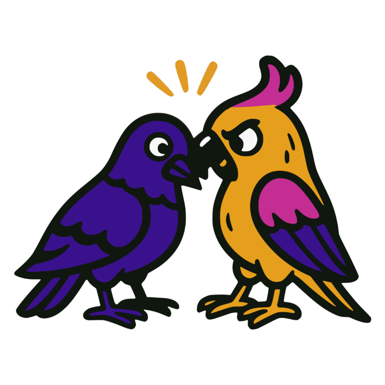 Vector-style cartoon illustration of two birds butting heads in confrontation. On the left, a purple pigeon with a neutral expression; on the right, a yellow parrot with magenta accents and an angry expression. Small orange lines above their heads emphasize tension. Outlined in thick black lines with bold flat colors, the design has a playful sticker-like style on a transparent background.