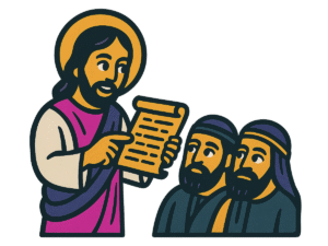 Vector-style cartoon illustration of Jesus holding an open scroll and pointing to it while teaching. Two men wearing head coverings listen attentively beside him. Jesus has a halo, a beard, and is dressed in robes of white, purple, and blue. Outlined in thick black lines with bold flat colors, the artwork is rendered in a clean, sticker-like style on a transparent background.