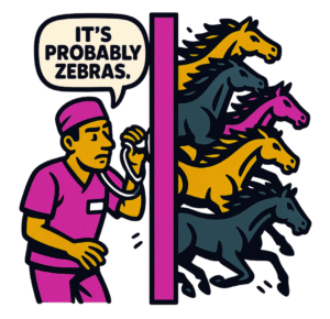 Vector-style cartoon illustration of a doctor in pink scrubs listening to a wall with a stethoscope. A speech bubble above him reads, 'IT'S PROBABLY ZEBRAS.' On the other side of the wall, a stampede of horses in yellow, magenta, and teal gallop forward. Outlined in thick black lines with bold flat colors, the design has a playful, sticker-like style on a transparent background.