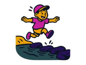 Vector-style cartoon illustration of a cheerful child leaping from the shore across stepping stones out to sea. The child wears a pink shirt, cap, and shoes with yellow shorts, with arms outstretched in excitement. Outlined in thick black lines with bold flat colors, the design has a playful, sticker-like style on a transparent background.