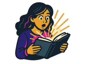 Vector-style cartoon illustration of a surprised woman with long dark hair reading an open book that glows with radiant golden light. Her eyes are wide and mouth open in awe as beams of light shine outward from the pages. Outlined in thick black lines with bold flat colors, the design has a dramatic, sticker-like style on a transparent background.