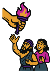 Vector-style cartoon illustration of a large hand extending from above, holding a flaming torch with purple and pink fire. Below, an ancient Near Eastern man in simple robes reaches upward toward the torch, while a woman in modern clothing stands beside him, smiling with anticipation. Outlined in thick black lines with bold flat colors, the artwork has a clean, sticker-like style on a transparent background.