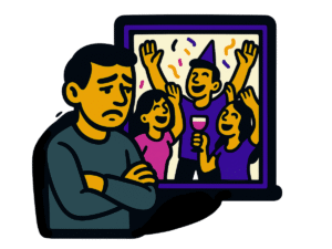 Vector-style cartoon illustration of a sad man standing with folded arms, looking downcast. Behind him is a framed scene of three joyful people at a party—wearing bright clothes, one with a party hat and drink, all cheering with confetti falling. The contrast emphasizes the man’s isolation from celebration. Outlined in thick black lines with bold flat colors, the design has a clean, sticker-like style on a transparent background.