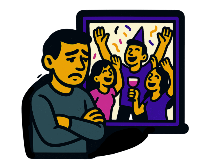 Vector-style cartoon illustration of a sad man standing with folded arms, looking downcast. Behind him is a framed scene of three joyful people at a party—wearing bright clothes, one with a party hat and drink, all cheering with confetti falling. The contrast emphasizes the man’s isolation from celebration. Outlined in thick black lines with bold flat colors, the design has a clean, sticker-like style on a transparent background.