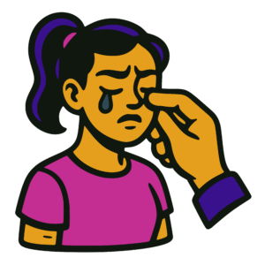 Vector-style cartoon illustration of a sad girl with a ponytail and a pink shirt, crying with a single tear running down her cheek. A large hand gently wipes away the tear from her face. Outlined in thick black lines with bold flat colors, the design has a clean, sticker-like style on a transparent background.