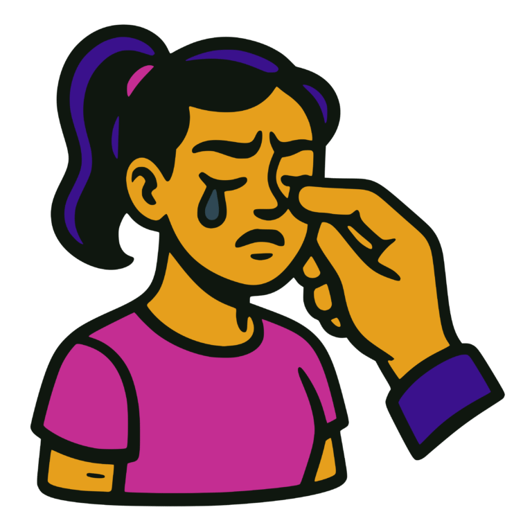 Vector-style cartoon illustration of a sad girl with a ponytail and a pink shirt, crying with a single tear running down her cheek. A large hand gently wipes away the tear from her face. Outlined in thick black lines with bold flat colors, the design has a clean, sticker-like style on a transparent background.