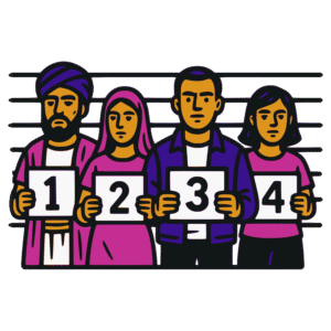 (Four parties of Scripture) Vector-style cartoon illustration of four people standing in a police lineup, each holding a numbered placard. From left to right: a man in a headwrap with the number 1, a woman in a headscarf with the number 2, a man in a jacket with the number 3, and a woman with short dark hair wearing a pink shirt with the number 4. Behind them are lineup height lines. Outlined in thick black lines with bold flat colors, the design has a clean, sticker-like style on a transparent background.