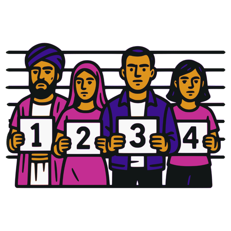Vector-style cartoon illustration of four people standing in a police lineup, each holding a numbered placard. From left to right: a man in a headwrap with the number 1, a woman in a headscarf with the number 2, a man in a jacket with the number 3, and a woman with short dark hair wearing a pink shirt with the number 4. Behind them are lineup height lines. Outlined in thick black lines with bold flat colors, the design has a clean, sticker-like style on a transparent background.