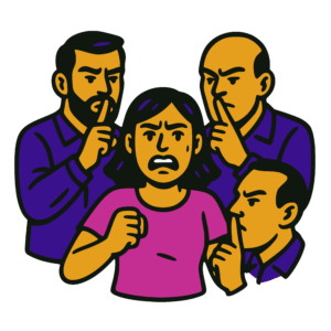Vector-style cartoon illustration of a woman in a pink shirt shouting with a determined expression, while three men around her gesture for silence by holding fingers to their lips. The men wear purple shirts and look stern or disapproving. Outlined in thick black lines with bold flat colors, the design has a clean, sticker-like style on a transparent background.