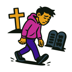 Vector-style cartoon illustration of a sad young man in a pink hoodie and purple pants walking with his head down. Behind him is a large yellow cross and in front of him is a gray pair of engraved stone tablets. Outlined in thick black lines with bold flat colors, the design has a clean, sticker-like style on a transparent background.