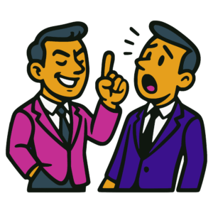 Vector-style cartoon illustration of two men in suits. The man on the left, wearing a magenta jacket, smiles confidently and raises one finger as if making a point. The man on the right, in a purple jacket, looks surprised with his mouth open, reacting to being interrupted. Outlined in thick black lines with bold flat colors, the design has a clean, sticker-like style on a transparent background.