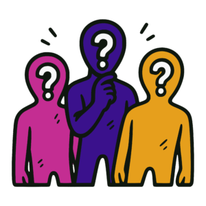 Vector-style cartoon illustration of three faceless human figures, each with a large white question mark in place of a face. The left figure is magenta, the center figure is purple with one hand raised to its chin in thought, and the right figure is yellow. Outlined in thick black lines with bold flat colors, the design has a clean, sticker-like style on a transparent background.