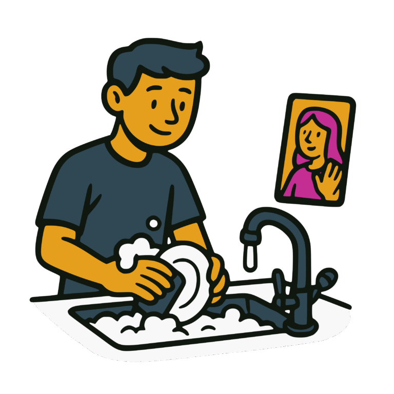 Vector-style cartoon illustration of a man smiling as he washes dishes in a sink full of soapy water. Next to the sink, a phone shows a woman in a pink shirt waving on a video call. Outlined in thick black lines with bold flat colors, the design has a clean, sticker-like style on a transparent background.