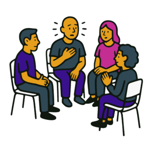 Vector-style cartoon illustration of four people sitting in a circle of chairs, engaged in a group therapy session. One bald man speaks with his hand on his chest while the others listen attentively—two men and one woman, all in casual clothing. Outlined in thick black lines with bold flat colors, the design has a clean, sticker-like style on a transparent background.