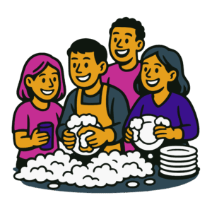 Vector-style cartoon illustration of four cheerful people washing dishes together. A man in the center wears an apron, scrubbing a plate with soap suds, while the others dry dishes and hold cups, smiling as they work. A stack of clean plates sits on the table beside them. Outlined in thick black lines with bold flat colors, the design has a clean, sticker-like style on a transparent background.