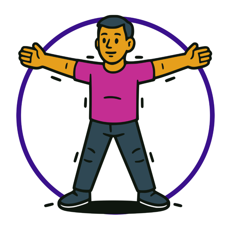 Vector-style cartoon illustration of a man standing in a Vitruvian-like pose with arms and legs extended outward. He wears a pink shirt and dark pants, framed by a purple circle in the background. Outlined in thick black lines with bold flat colors, the design has a clean, sticker-like style on a transparent background.