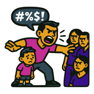 (Did Paul Swear in the Bible?) Bold vector-style cartoon illustration of a man, representing Paul, standing protectively in front of a child, angrily swearing at a group of adults. A speech bubble above him contains symbols (#%$!) to represent expletives. The child looks sad and worried, while the group of adults appear upset and hostile. Outlined in thick black lines with flat colors of pink, gold, and dark teal, in a clean sticker-like style.