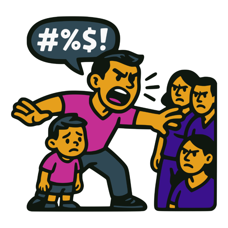 Bold vector-style cartoon illustration of a man, representing Paul, standing protectively in front of a child, angrily swearing at a group of adults. A speech bubble above him contains symbols (#%$!) to represent expletives. The child looks sad and worried, while the group of adults appear upset and hostile. Outlined in thick black lines with flat colors of pink, gold, and dark teal, in a clean sticker-like style.