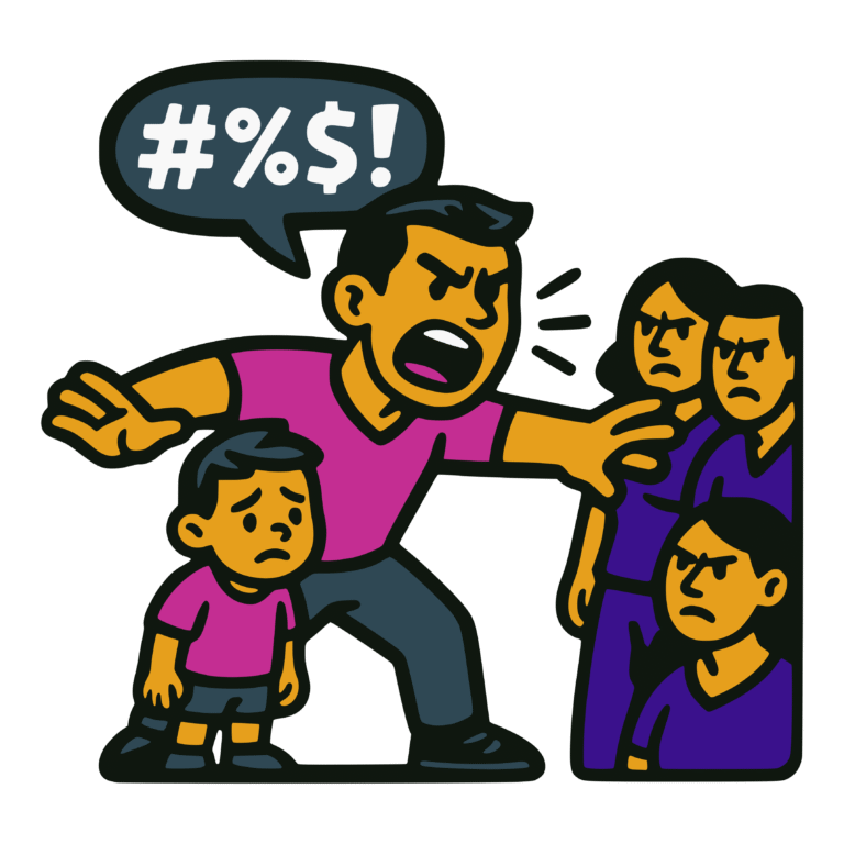 Bold vector-style cartoon illustration of a man, representing Paul, standing protectively in front of a child, angrily swearing at a group of adults. A speech bubble above him contains symbols (#%$!) to represent expletives. The child looks sad and worried, while the group of adults appear upset and hostile. Outlined in thick black lines with flat colors of pink, gold, and dark teal, in a clean sticker-like style.