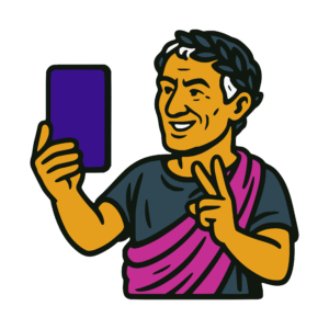 Bold vector-style cartoon illustration of Julius Caesar in a toga taking a selfie with a smartphone. He is smiling, holding up the phone with one hand and making a peace sign with the other. Outlined in thick black lines with flat colors of gold, purple, pink, and dark gray, in a clean sticker-like style.