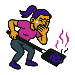 Bold vector-style cartoon illustration of a woman gagging and covering her mouth while holding a shovel carrying dung. She is sweating and looks distressed. Outlined in thick black lines with flat colors of gold, purple, pink, and dark gray, in a clean sticker-like style.