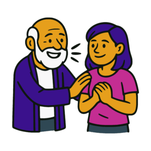 Bold vector-style cartoon illustration of an older man with a bald head, white beard, and purple cardigan smiling warmly as he places a reassuring hand on the shoulder of a younger woman in a pink shirt. The woman holds her hands to her chest with a grateful expression. Outlined in thick black lines with flat gold, purple, pink, and dark gray colors in a clean sticker-like style.