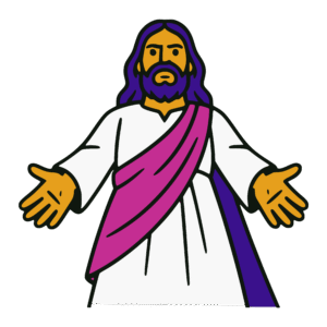 Bold vector-style cartoon illustration of Jesus with long hair and beard, wearing a white robe with a purple and pink sash, standing with arms open in a welcoming gesture. Outlined in thick black lines with flat gold, purple, pink, and white colors in a clean sticker-like style.