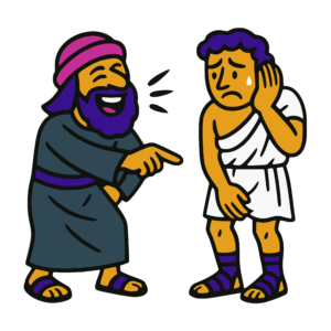 Bold vector-style cartoon illustration of a bearded man in robes and a headwrap laughing and pointing at another man in a white toga. The second man looks embarrassed, holding his head, covering his groin, and leaning away. Outlined in thick black lines with flat gold, purple, pink, and dark teal colors in a clean sticker-like style.