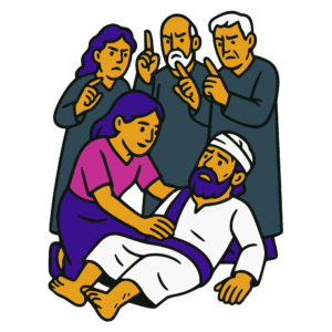 Bold vector-style cartoon illustration of a woman kneeling to comfort an injured man lying on the ground, dressed in white with a head wrap and purple sash. Behind them, three figures in dark robes scold with stern expressions and raised fingers. Outlined in thick black lines with flat gold, purple, pink, and dark gray colors in a clean sticker-like style.