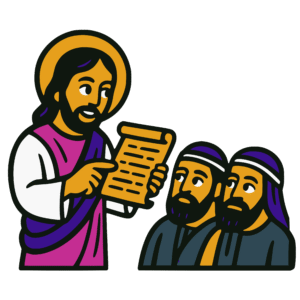 Vector-style cartoon illustration of Jesus holding an open scroll and pointing to it while teaching. Two men wearing head coverings listen attentively beside him. Jesus has a halo, a beard, and is dressed in robes of white, indigo, and dark teal. Outlined in thick black lines with bold flat colors, the artwork is rendered in a clean, sticker-like style on a transparent background.