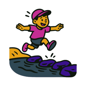 Bold vector-style cartoon of a cheerful child leaping across indigo stepping stones out to sea, arms outstretched with excitement. The image evokes carefree confidence, rendered in flat tones of gold, magenta, and dark teal with thick black outlines.