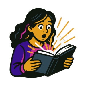 Bold vector-style cartoon of a woman with wide eyes and an expression of awe as she opens a glowing book. Radiant light beams emerge from the pages, symbolizing discovery. Rendered in flat tones of indigo, gold, and magenta with thick black outlines.