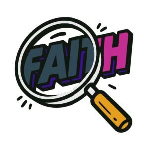 Bold vector-style cartoon illustration of the word ‘FAITH’ viewed through a magnifying glass. The lens refracts the letters so part of the word appears misaligned and in a duller color. The design uses flat colors of dark teal, purple, pink, gold, and black outlines in a clean street-art sticker style.