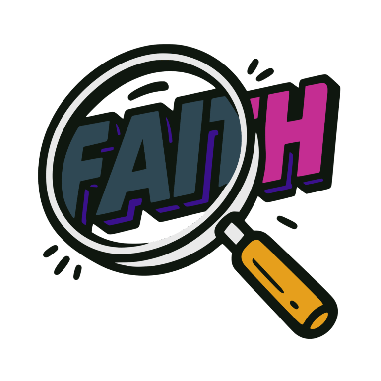 Bold vector-style cartoon illustration of the word ‘FAITH’ viewed through a magnifying glass. The lens refracts the letters so part of the word appears misaligned and in a duller color. The design uses flat colors of dark teal, purple, pink, gold, and black outlines in a clean street-art sticker style.