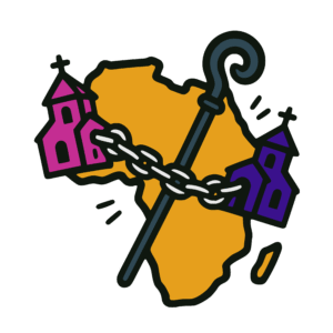 Bold vector-style cartoon illustration of the African continent in gold, overlaid with a bishop's crozier and a silver chain being tugged between two church buildings—one pink, one purple. The design uses flat, solid fills with thick black outlines in a clean symbolic sticker style.