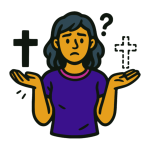Bold vector-style cartoon of a woman in a purple shirt holding up both hands, looking uncertain. A solid cross floats over one hand, and a dotted outline of a cross with a question mark appears over the other. The image uses flat colors of gold, purple, and black with thick outlines in a clean symbolic style.